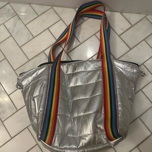 Silver Tote Bag with Rainbow Straps
